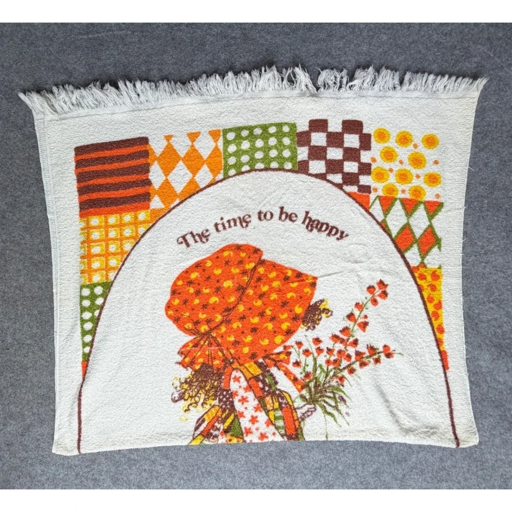 Vintage Holly Hobbie Beach Towel American Greetings 1970s Retro Fringed Cotton